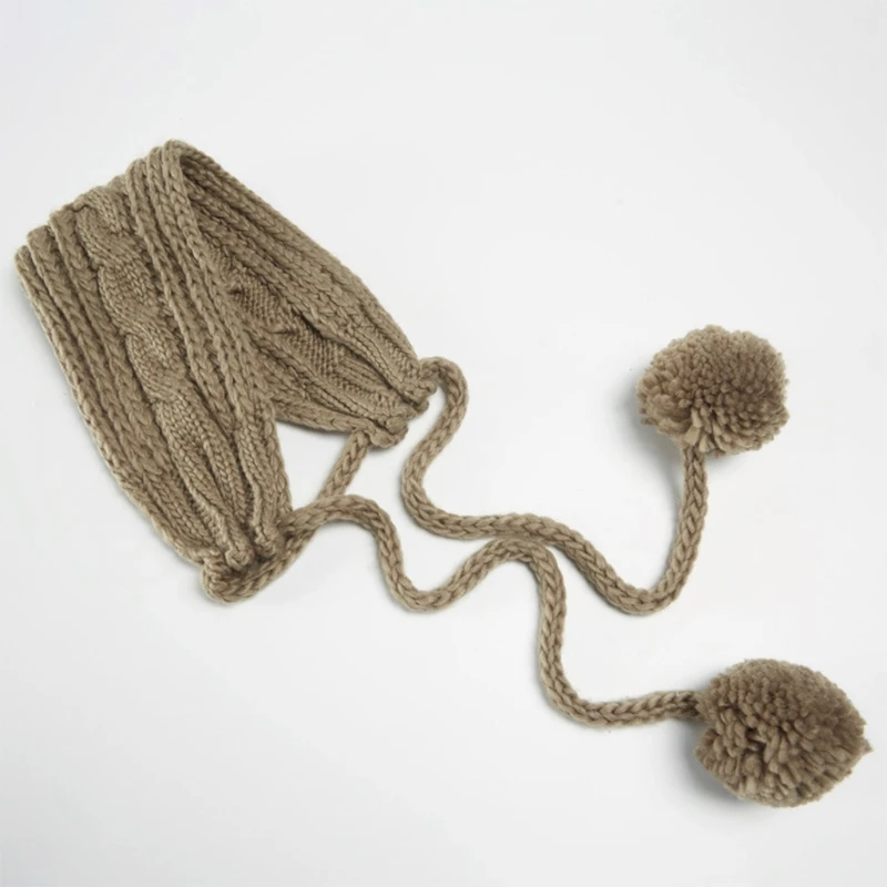 

Winter Cable Knit Earmuffs Headband Solid Color Pompom Chin Strap Chunky Crochet Thermal 2 In 1 Scarf Earflap Warmer