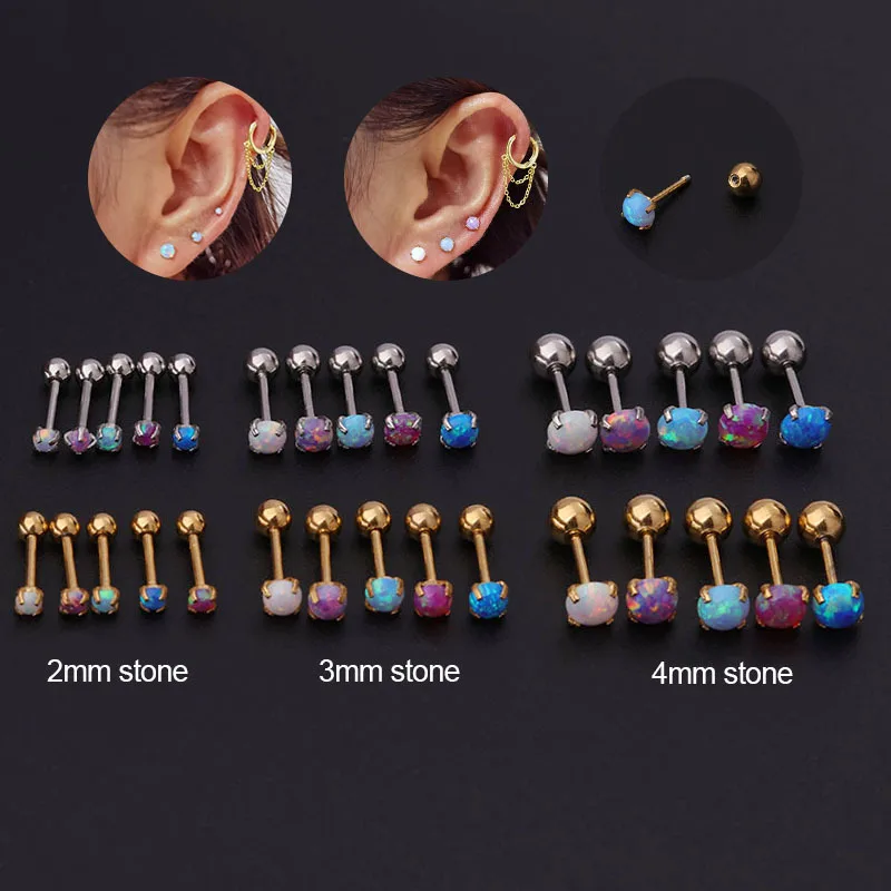 

New 20g Stainless Steel And Opal Stone Ear Tragus Conch Helix Cartilage Piercing Earring Back Srecw Back Stud for Women
