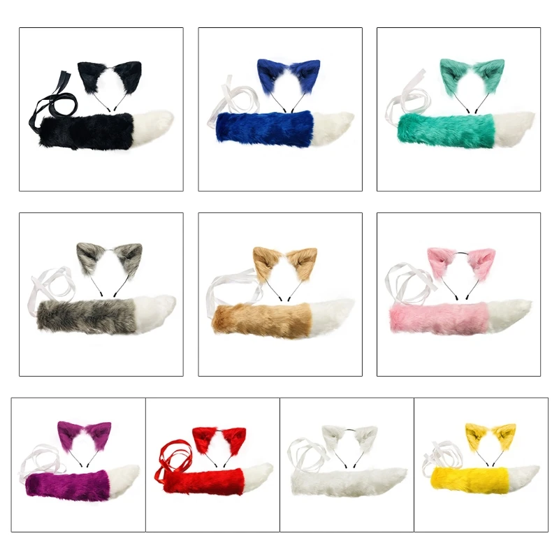 Повязка на голову с ушками волка и котенком из искусственного меха комплект