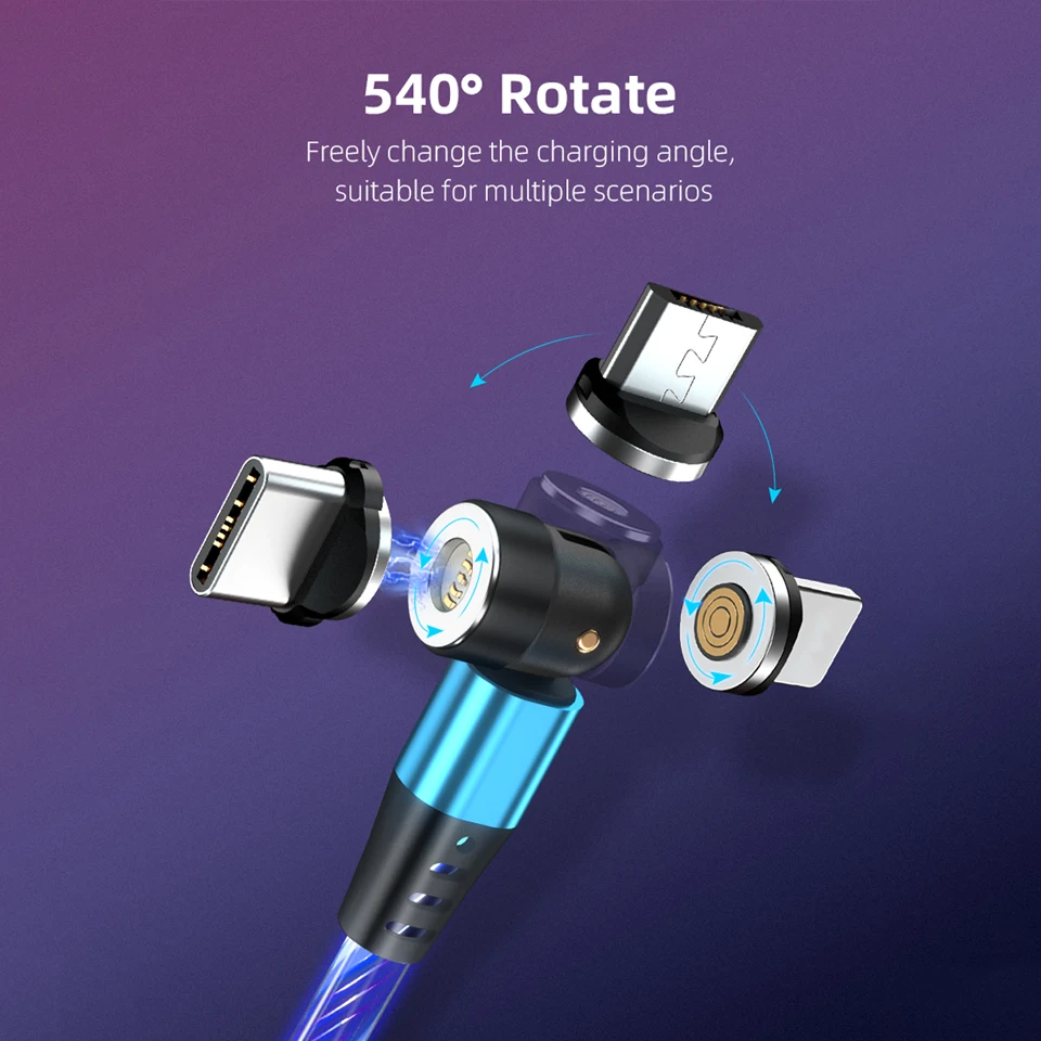 Магнитный зарядный кабель 3 в 1 Micro Usb Type-C со светодиодной подсветкой мульти штекер