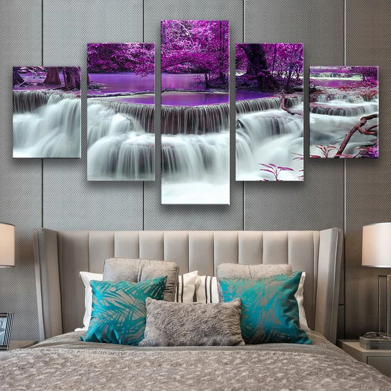 

Canvas Prints Poster Living Room Decor Painting Framework 5 Pieces Purple Forest Tree Lake Waterfall Landscape Pictures Wall Art