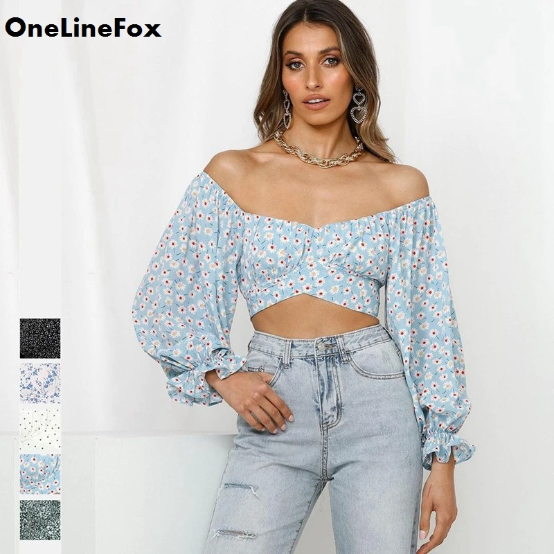 

OneLineFox Women's Slash Neck Floral T-Shirt Strapless Summer Fashion Street Long Sleeve Self Tie Shirt Top