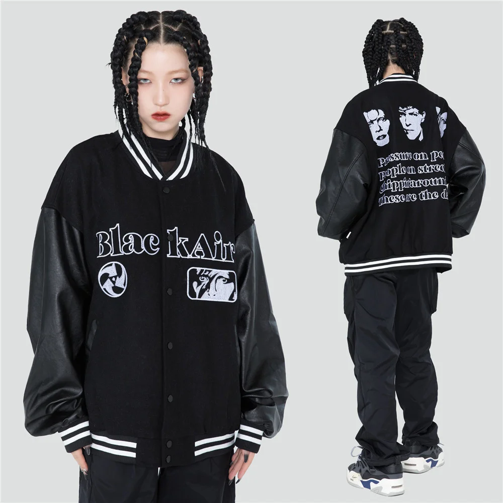 

Hip Hop Oversized Baseball Jackets Streetwear Mens Women Embroidered Portrait Patchwork Leather Varsity Bomber Coats Unisex