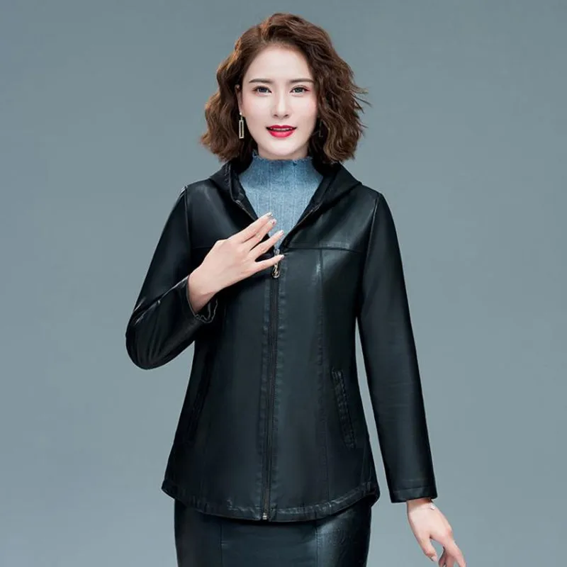 

Женская кожаная куртка с капюшоном, черная элегантная приталенная куртка из мягкой овечьей кожи, верхняя одежда больших размеров 5XL