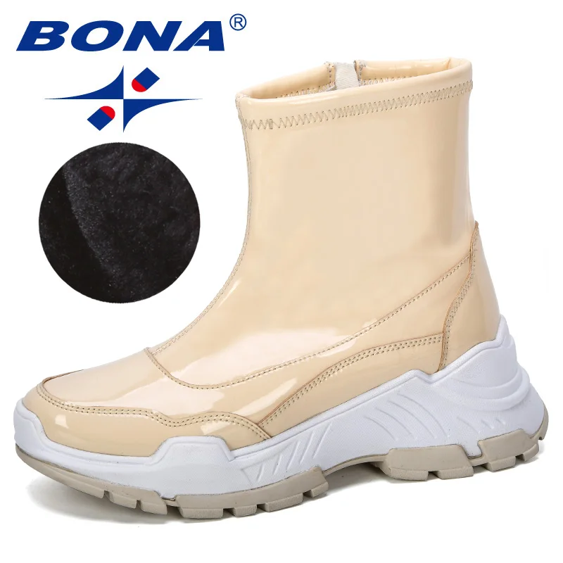 Beige BONA/Новинка года; дизайнерская зимняя обувь из блестящей кожи; женские уличные ботильоны; женские ботинки; zapatos mujer; теплая плюшевая обувь; удобная обувь - Цвет: Beige