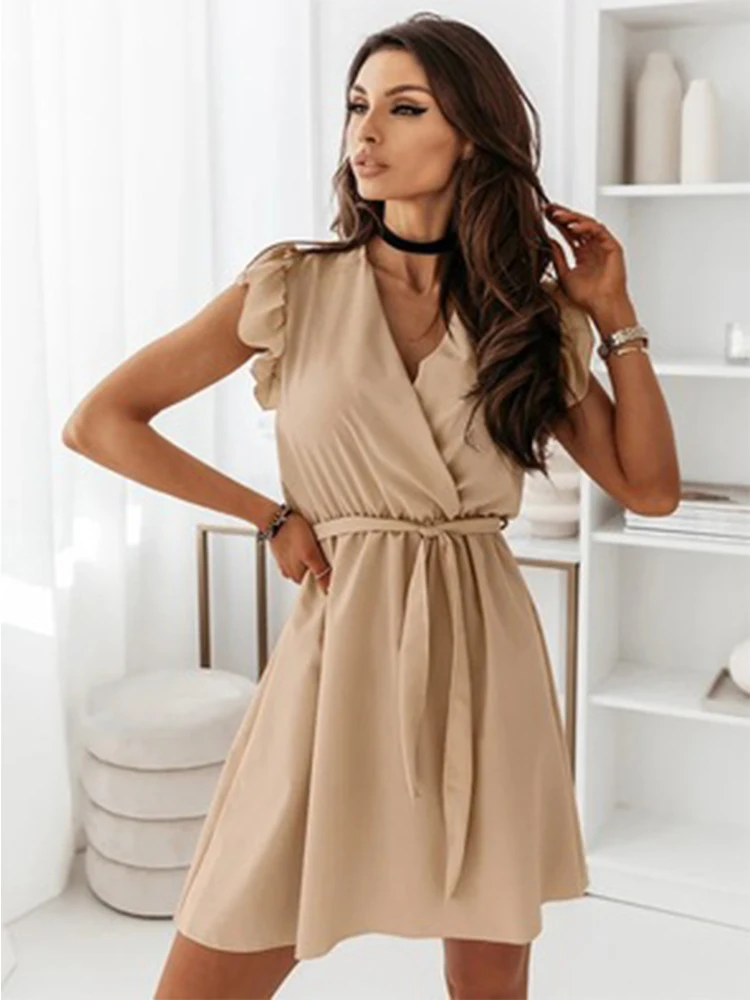 

za Traf women 202021 summer ruffled v-neck solid color short sleeve dress trf sukienka dresses vestidos robe femme shein zaraing