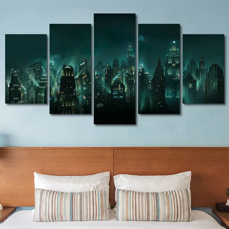 

Living Room Wall Art HD Printed Pictures Frame 5 Piece/Pcs EBioshock Rapture Night View Modern Home Decor Canvas Painting Poster