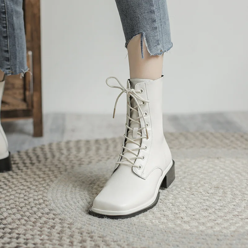 

Inner Leather Short Boots Women's Autumn and Winter New Style Women's Boots Square Toe Thick Heel Side Zipper Boots Leather