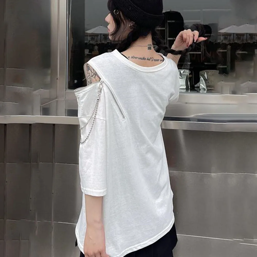 

Fashion High Street T-Shirt 2021 Summer Loose Casual Designer Thin Hollow Out Zipper Chain Strapless Round Neck Summer