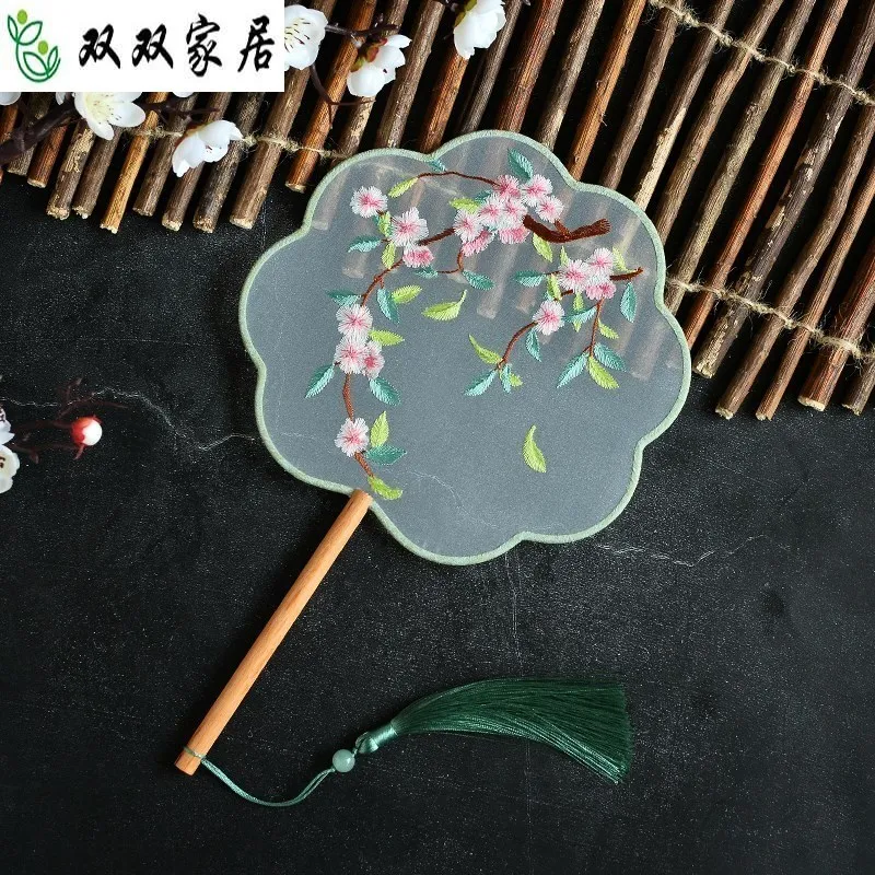 Круглый вышитый веер Hanfu с длинной ручкой китайский бамбуковый портативный