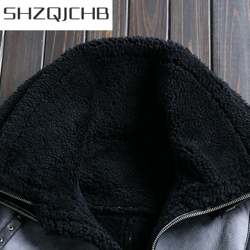 

JCHB 2021 Men Double Collar Shearling Biker Jacket Vintage Sashes Motorcycle Genuine Leather Coat Winter Thick Military Outerwea