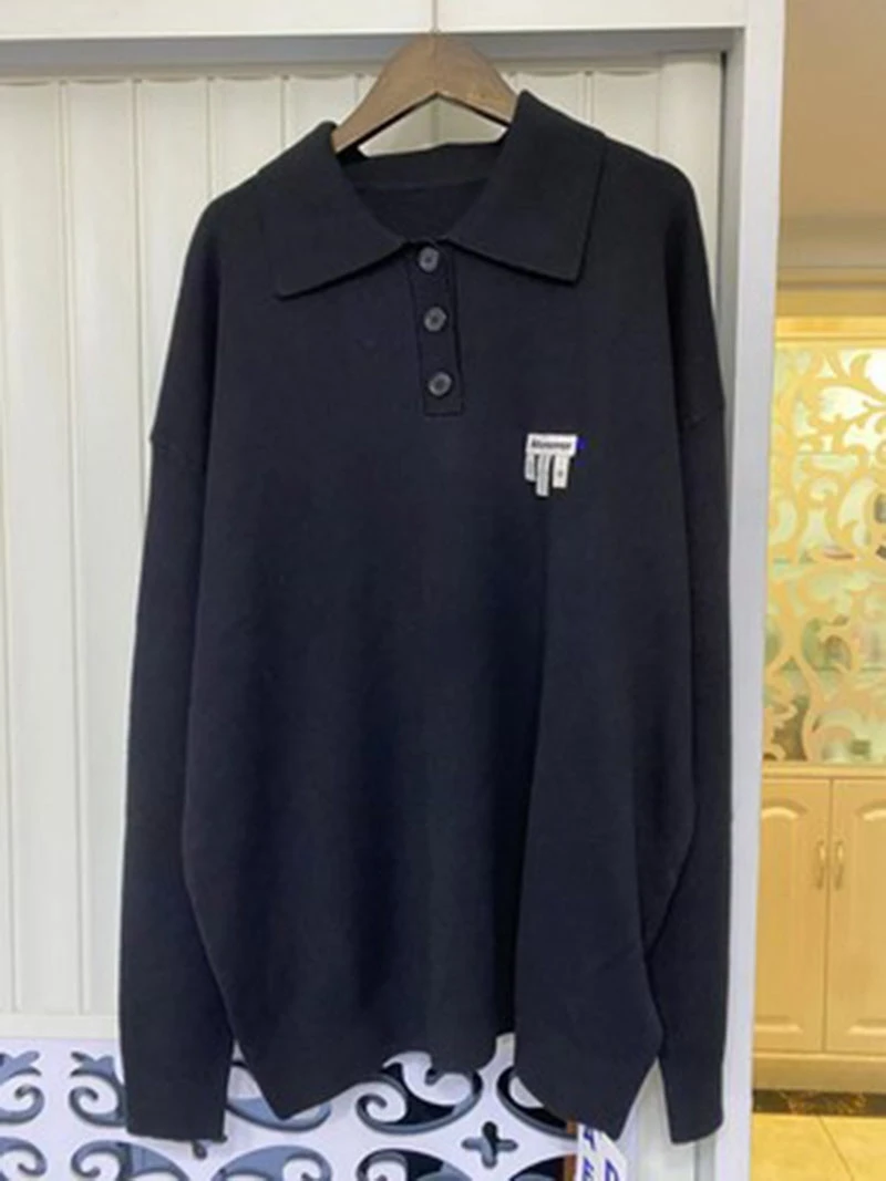 

Шерстяной свитер ADER отворот поло для мужчин и женщин корейский Повседневный пуловер свободного кроя с пуговицами свитер для пар Adererror