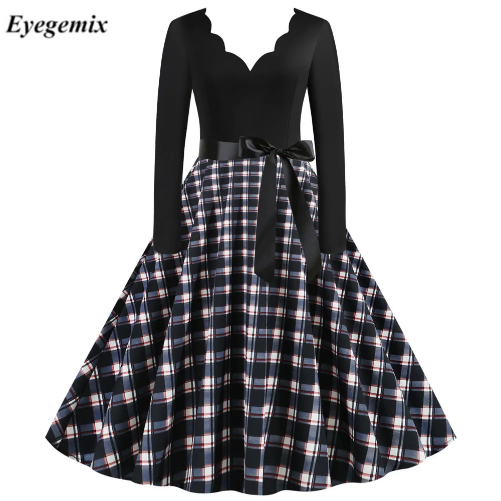 Женское винтажное платье в горошек с V-образным вырезом и длинным рукавом |