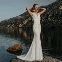 sexy lace wedding dress custom made v neck wide shoulder strap backless sleeveless sweep train white fashion bridal grons 2021