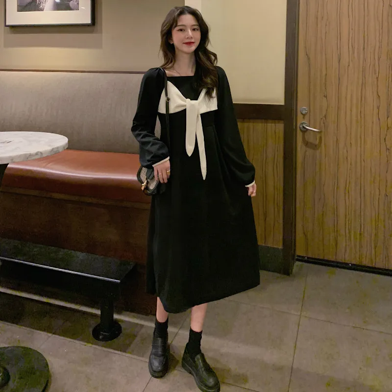 

Japanese New Vintage Fake Two Women Dress 2021 Spring Autumn Puff Sleeve Mori Sweet Lace Up Bow Mid-Calf Temperament Dresses