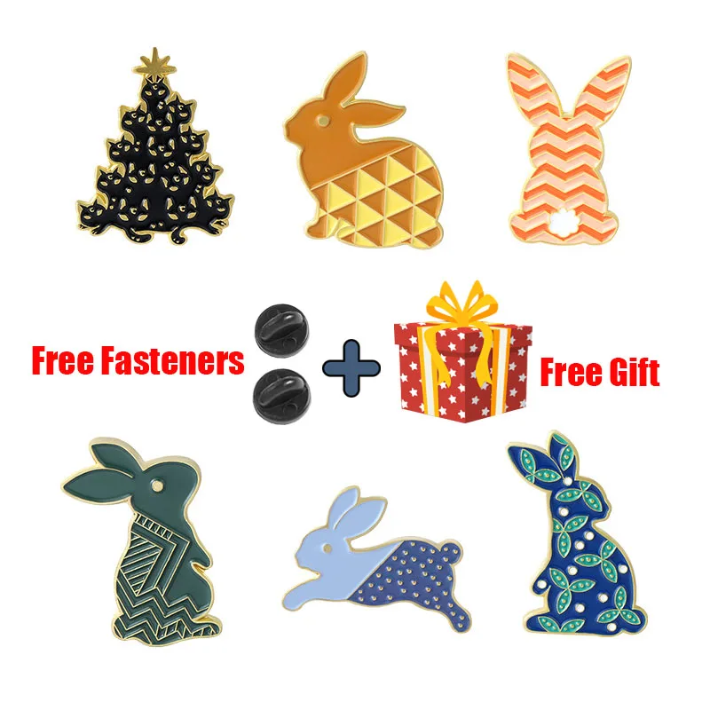 

Geometry Pattern Rabbit Enamel Pins Cat Pine Bunny Tattoo Brooches Lapel Cartoon Badge Pin Bag Jewelry Gift for Kids Friends