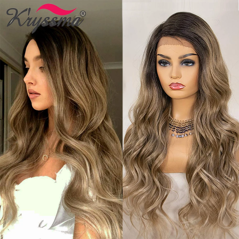 Kryssma Synthetic Lace Front Wig Ash Blonde Long Wavy Ombre Blonde Wigs Synthetic Wigs For Women Cosplay Wigs With Black Roots