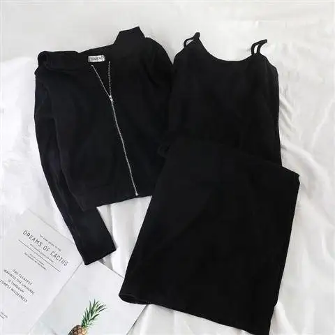 Fashion female two-piece suit 2020new hooded loose casual jacket + slim strap skirt | Женская одежда