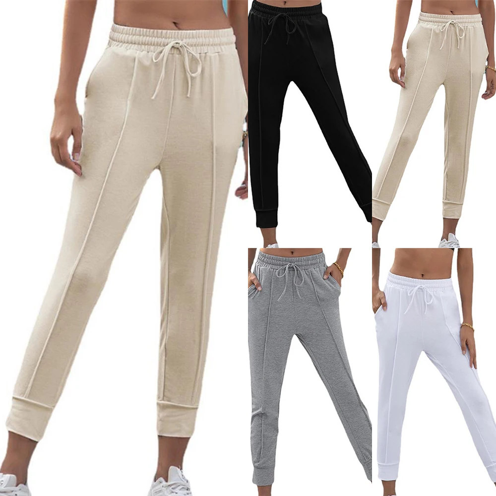 

Womens Lace Up Long Pants Elastic Waist Solid Color Slim Fit Casual Sports Trousers Women Bottoms Pants with Pocket