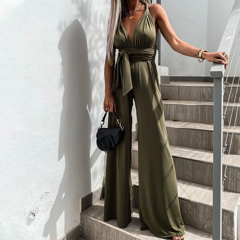 

2021 Summer Ladies Office Suits Fashion Women's V-Neck Jumpsuit Sleeveless Criss-Cross Tops Bandage Female Wide Leg Jumpsuits