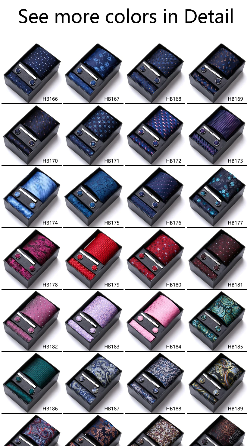 

Factory Sale New Design 100% Silk Birthday Present Tie Hanky Pocket Squares Cufflink Set Necktie Box hombre Fit Wedding