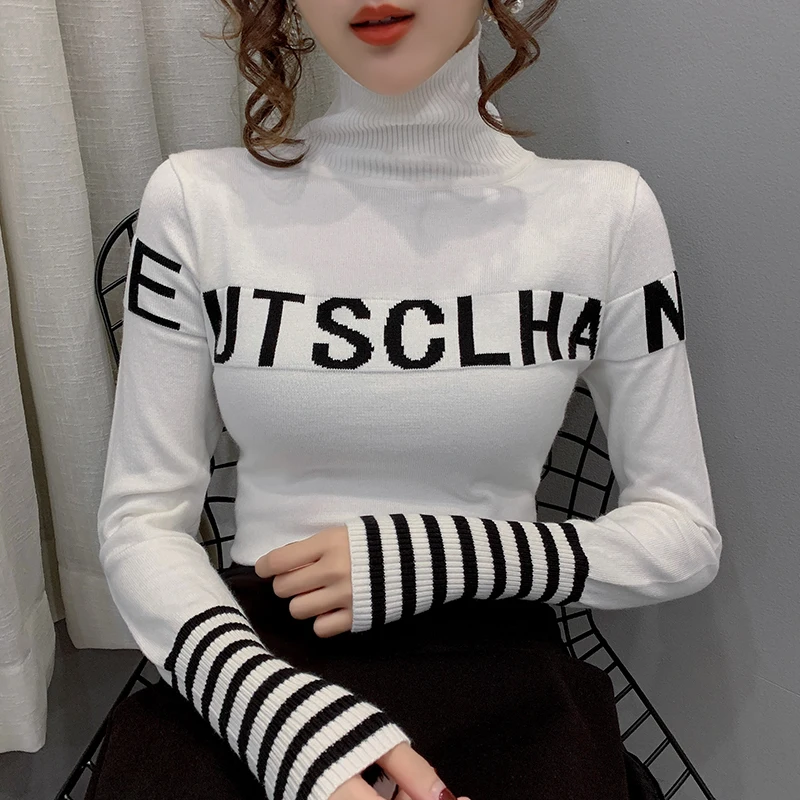 

Fall Winter European Clothes Knitted Sweater Sexy Turtleneck Pullovers Letters Women Slim Bottoming Shirt Tops