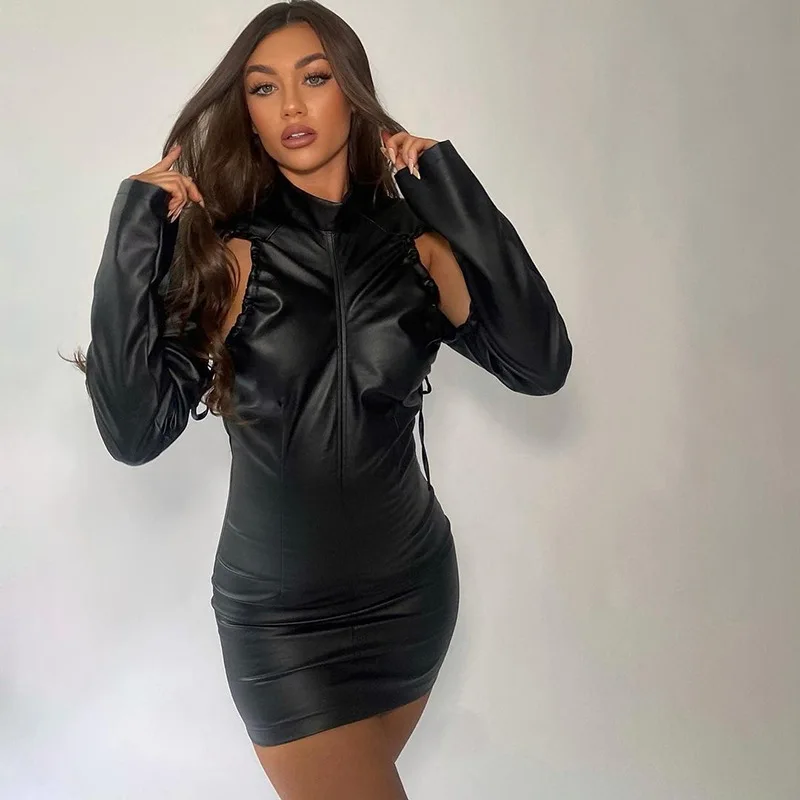 

2021 Fall Women's Half Open Collar Skirt Long Sleeve Bag Butt Short Dress Hollow Slim PU Leather Black Short Dress Sexy Skirt
