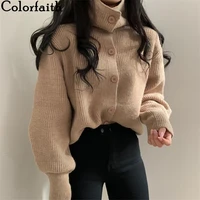 colorfaith new 2021 womens sweaters winter spring turtleneck fashionable buttons oversize short cardigans knitwear swc1253jx