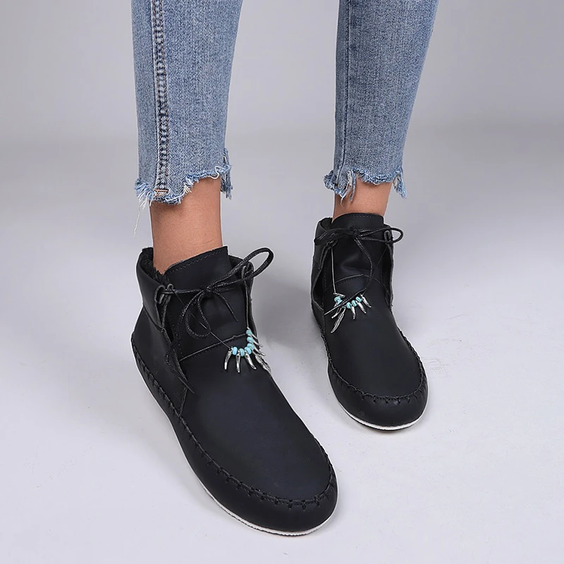 

2022 PU Leather Short Boots For Women 2022 Side Zipper Lace-Up Soft Breathable Botas Female Motor Biker Footwear