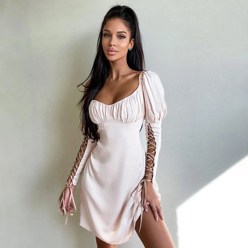 

Party Dresses Women Evening 2020 Long Sleeve Bandage Pleated Winter Dress Solid Color Temperament High Waist Skirt Women Dress