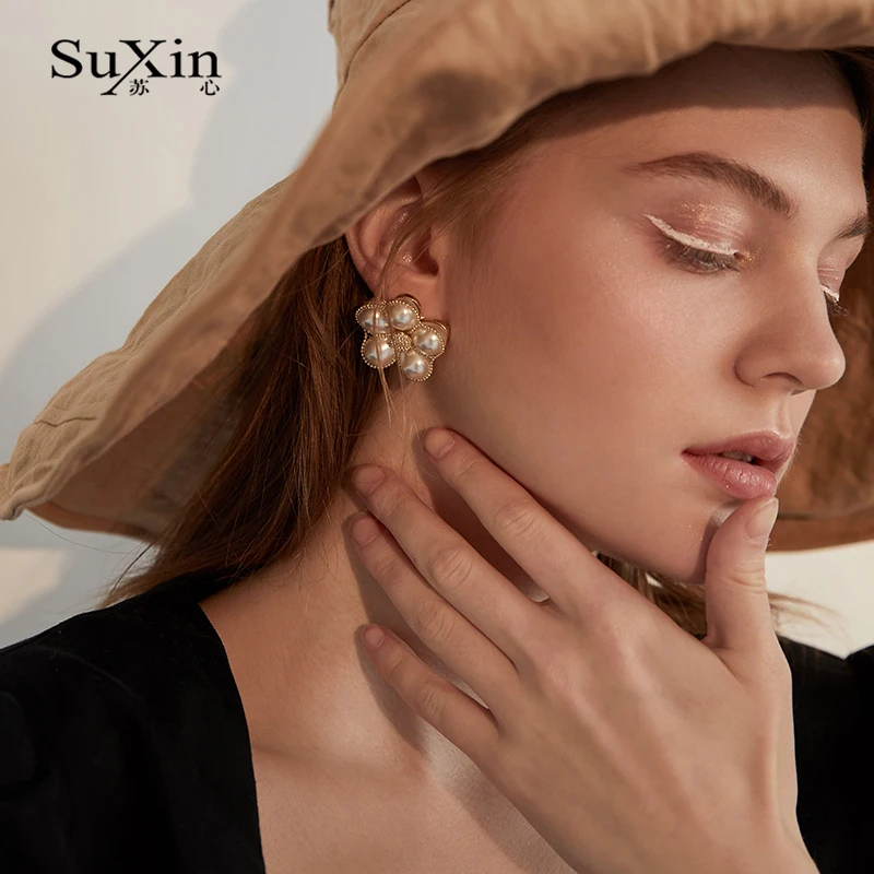 

SuXin earrings 2020 new simple flower earrings for women long section faux pearl pendant earrings jewelry gift