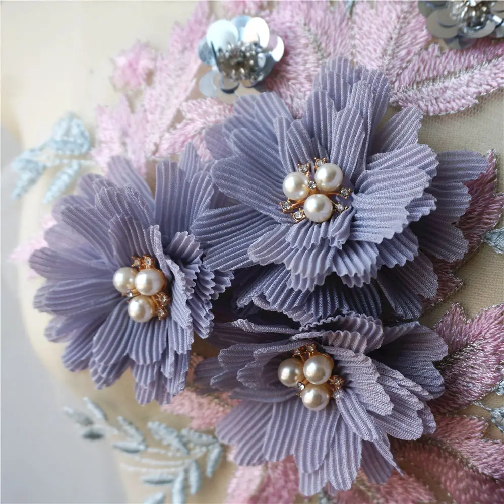 Фиолетовые розовые 3D цветы стразы кружево ткань Вышитое свадебное платье