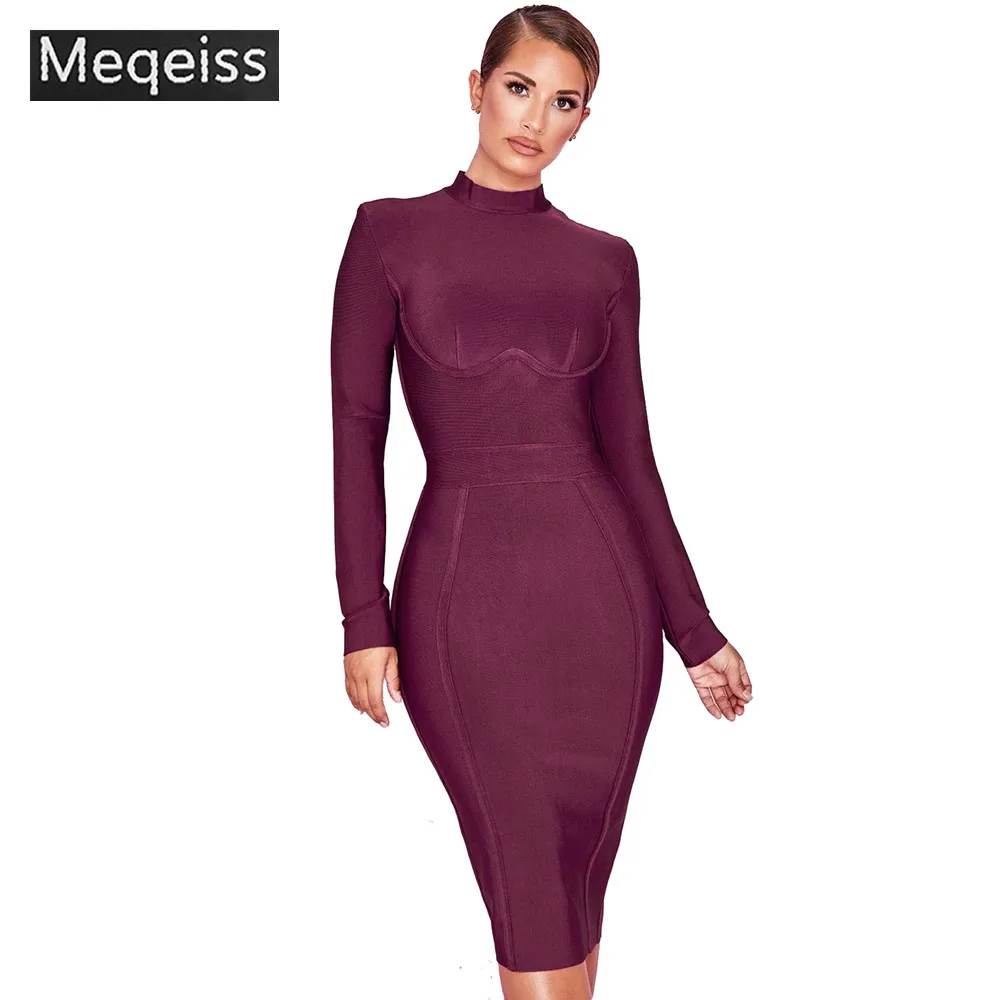 MEQEISS, сексуальное Бандажное платье, Новое поступление, черное Бандажное платье с длинным рукавом, облегающее белое платье, Бандажное, вечерние, Клубное