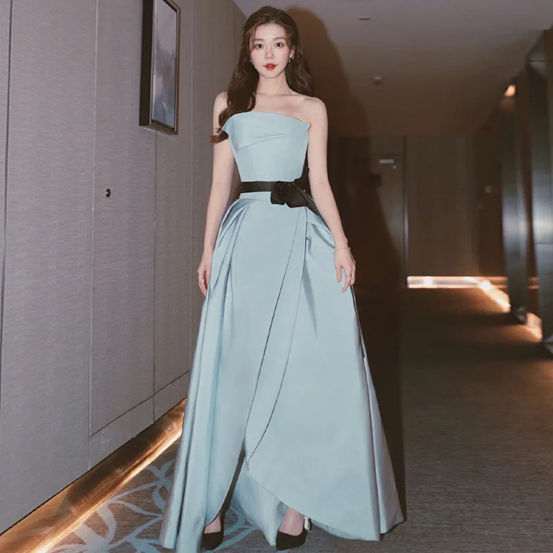 

Blue Strapless Pleat Evening Dress Female 2021 Summer New Banquet Ladies Host Dress Female Prom Dress Sexy Gown Ball Dress A273