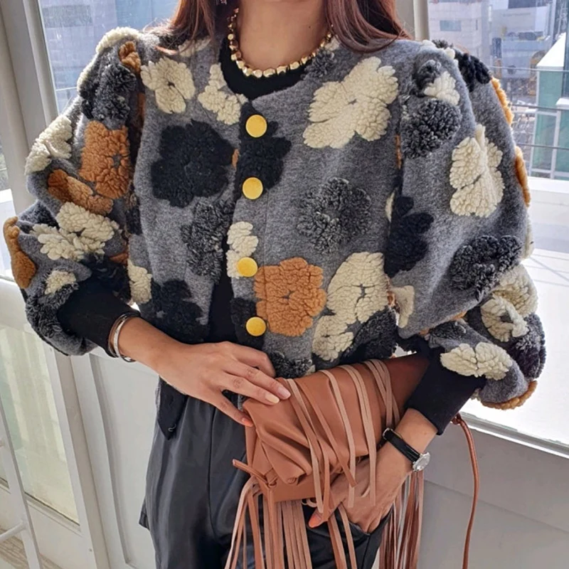 Korejpaa 3D Flocking Flowers Cardigans Women Autumn Retro Round Neck Single-breasted Puff Sleeve Short Coat Female Elegant New |