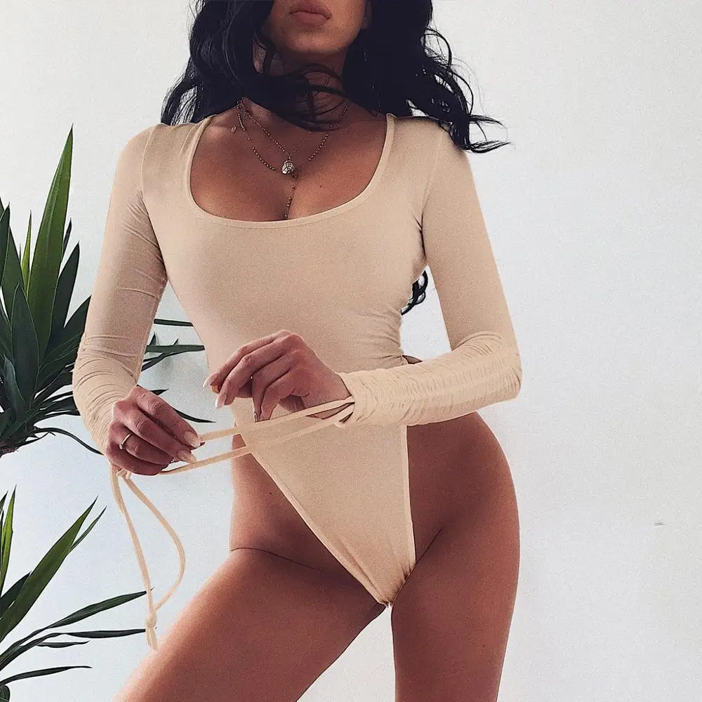 Сексуальные боди модные женские на завязках с длинным рукавом Модный облегающий