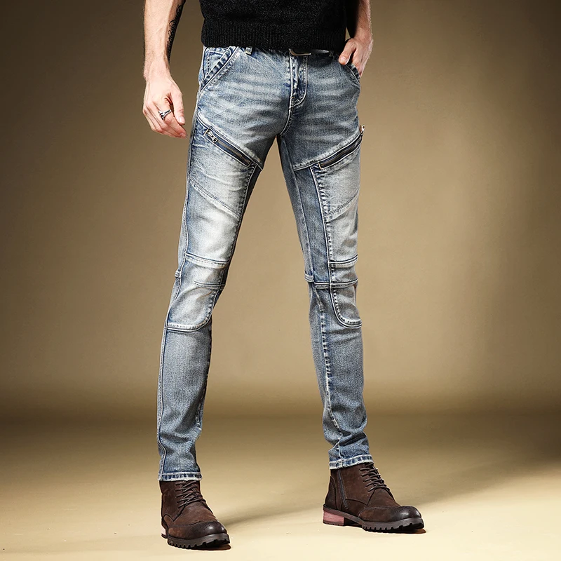 Классические мужские джинсы, модные Стрейчевые джинсовые брюки с карманами на молнии, уличная одежда, синие прямые брюки в стиле ретро