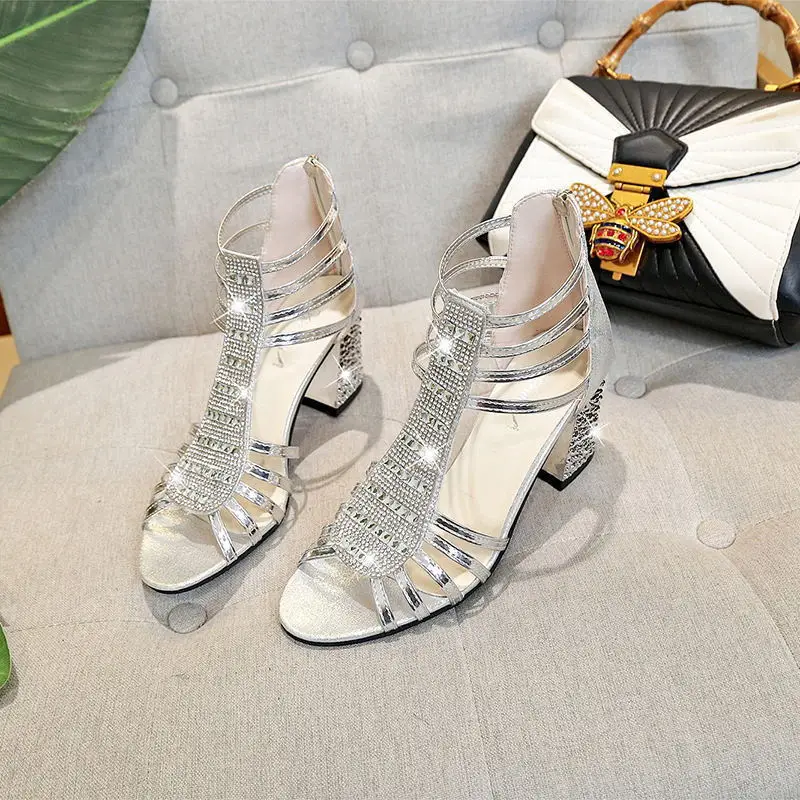 

Fashion 2020 Women Sandals Bling 7cm High Heels Diamond Summer Square Heel Women Shoes Wedding Shoes Leather Sandalia Mujer
