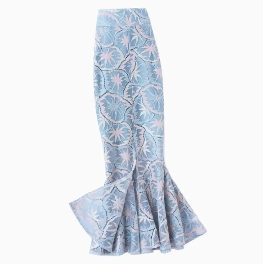 Blue lace package hip skirt female slit fishtail skirt ruffled step skirt floral print slim skirt spring summer q698
