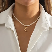 lacteo elegant gold color moon pendant necklace for women fashion baroque imitation pearl chain clavicle choker necklace jewelry