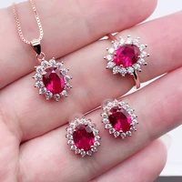 100 real ruby ring stud earrings pendant necklace ruby jewelry set s925 sterling silver for women bridal wedding engagement