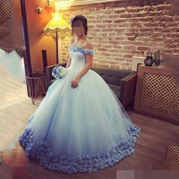 custom made 2021 new blue ball gown quinceanera dresses off shoulder short sleevestulle handmade sweet 15 16 dress xv party wear