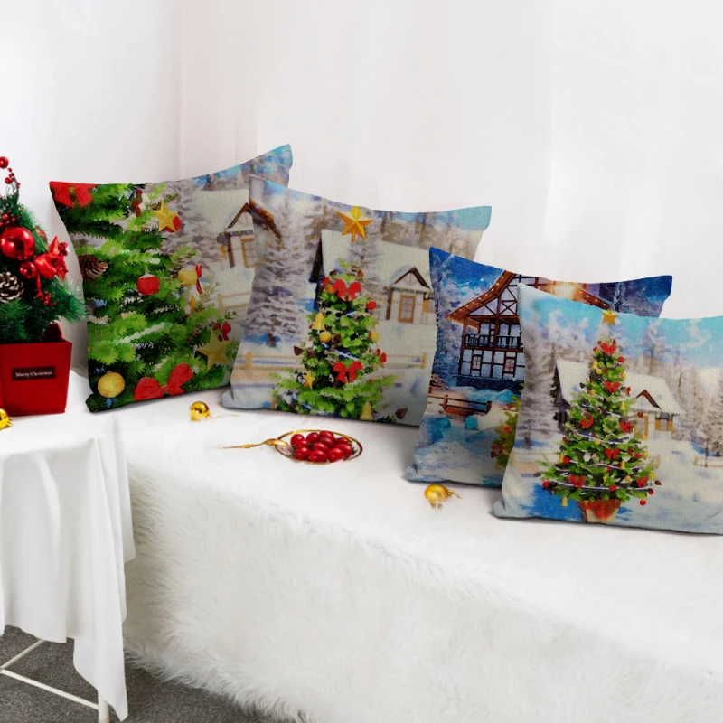 

Nanacoba Linen Cushion Cover Christmas Tree Decorative Pillow Case Xmas Snow Scene Pillows Covers for Sofa Home Decor Pillowcase
