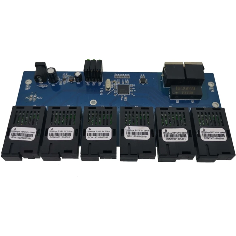 

6F2E Fast Ethernet Switch Converter 25KM Fiber Optical Media Converter Single Mode 6 Port SC Fiber PCBA US Plug