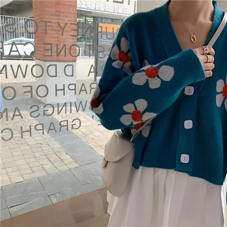 RUGOD 2019New женский свитер с цветочным узором с v-образным вырезом, однобортные пуговицы, Свободный вязаный кардиган, милое корейское стильное осеннее пальто для женщин