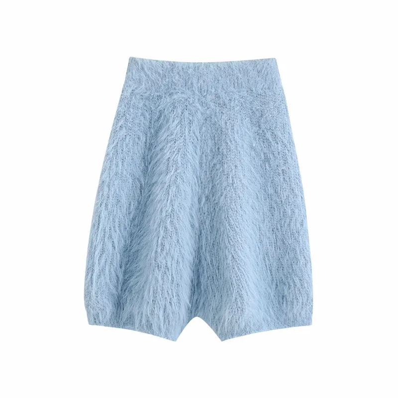 

New Women Fashion Elastic High Waist Za Blue Shorts Autumn Chic Lady Soft Hairy Skinnt Short Pants Female Knitted Shorts Femme