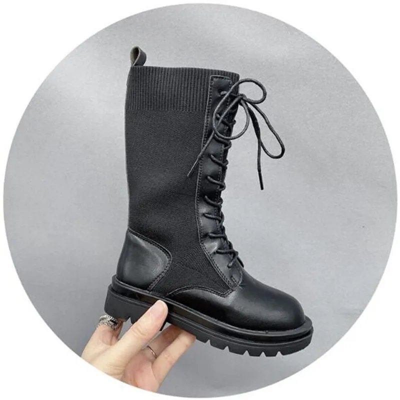 

New Children Boots Autumn Girls knitting Fashion Leather Boots Princess Student Flat High Boots Baby Toddler Kids Shoes 04