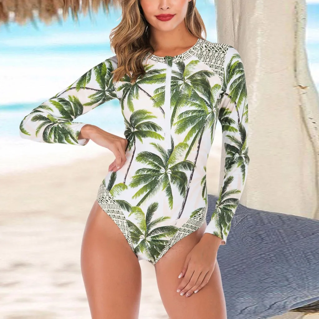 Тропический пляжный слитный купальник с принтом листьев спортивный купальный