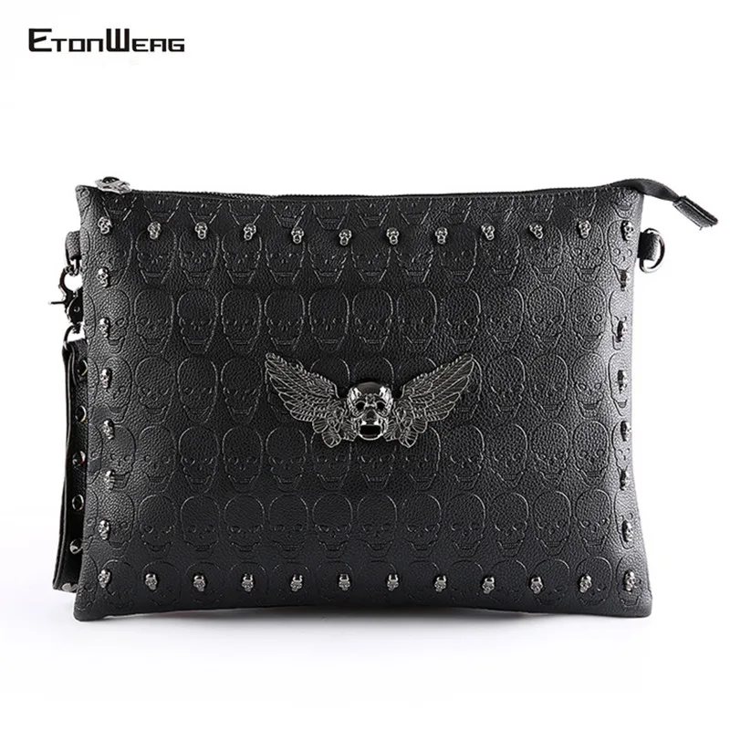 

Rock rivet Men Messenger Bag Brand PU Leather clutch bag women Vintage Skull Shoulder Bag male Casual Small Black Crossbody bags