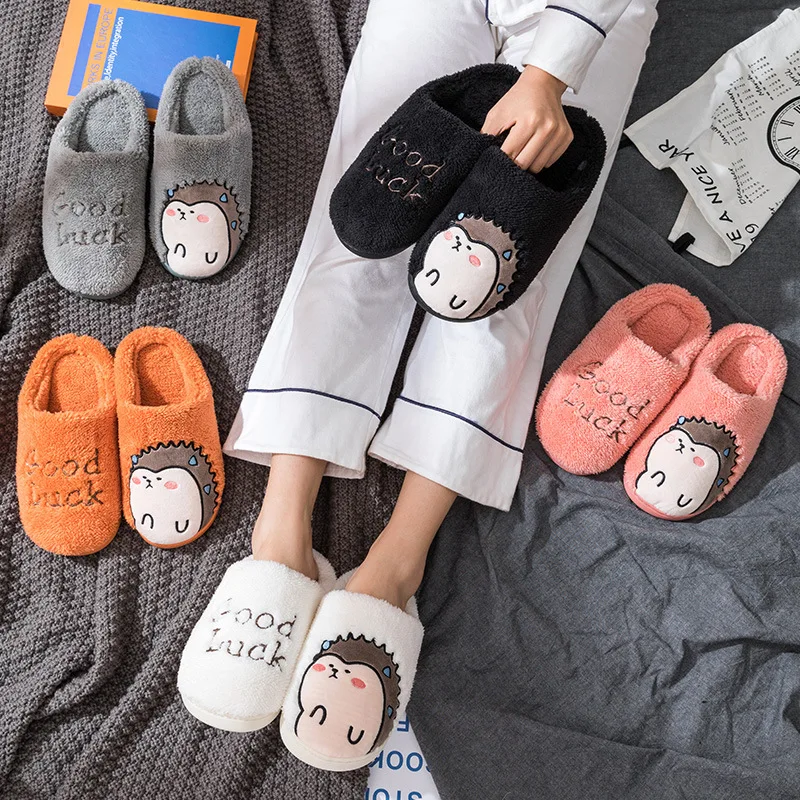 Women Home Cotton Slippers Winter Cozy Warm Indoor Soft Bottom Floor Shoes Cute Cartoon Hedgehog Silent Fur Slippers Man Unisex